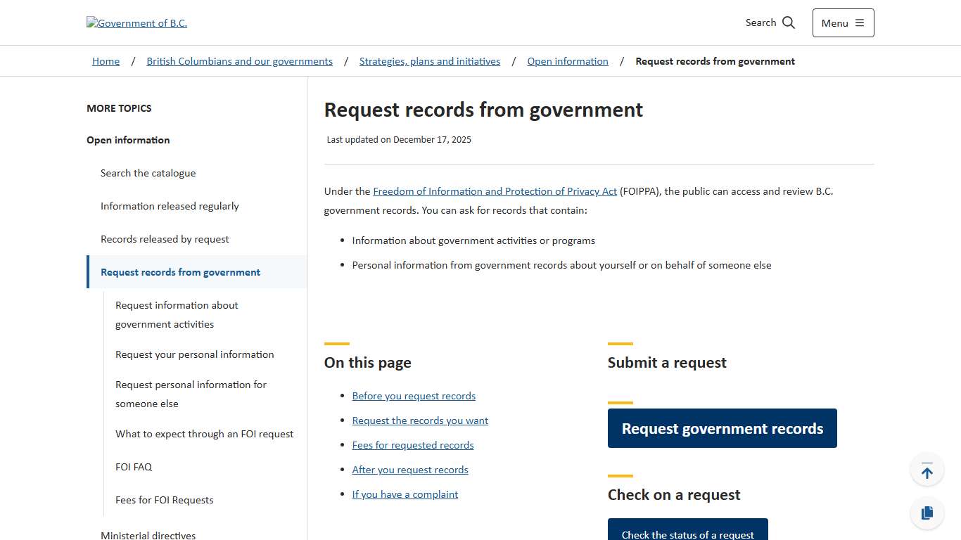 Request records from government - Province of British Columbia