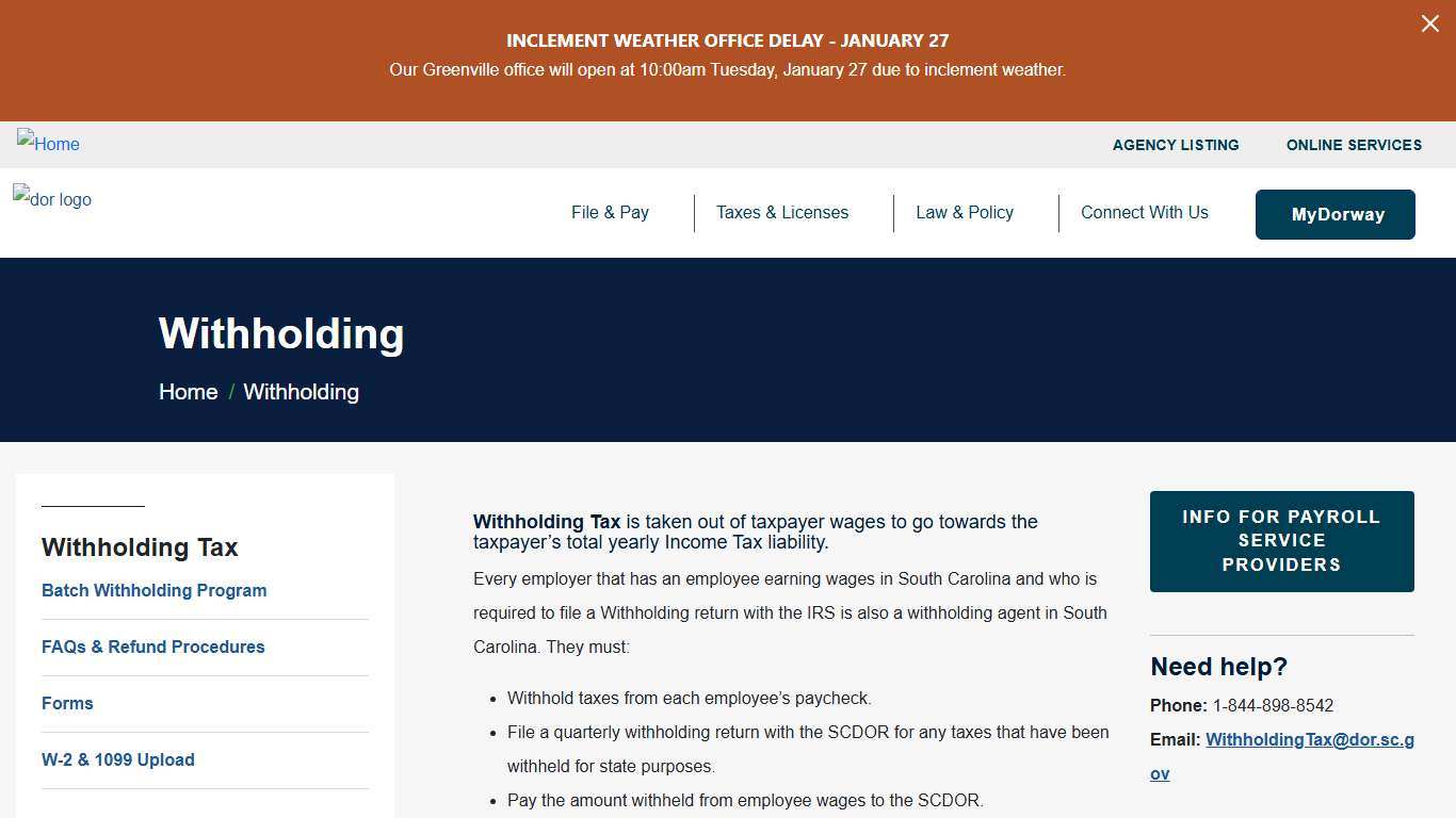 Withholding South Carolina Department of Revenue